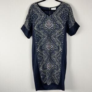 Megan Park Silk Midi Dress Womens Small Blue Floral Short Sleeve Classic Artsy